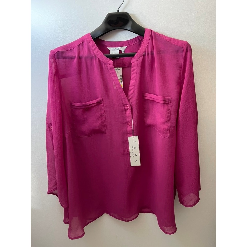 Como‎ Woman Very Berry Magenta Split Neck Long Sleeve Blouse Sheer 3X NWT